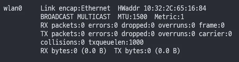 ifconfig wlan0 출력 예시 (UP 없음)