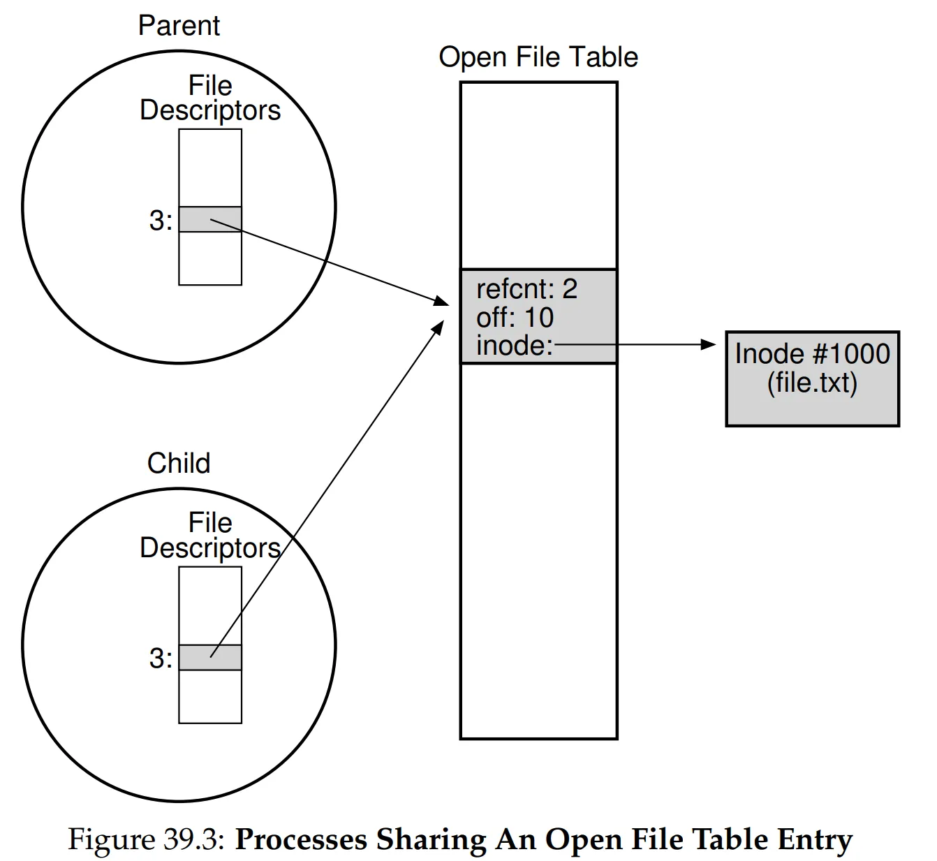 Figure 39.3: Processes Sharing An Open File Table Entry